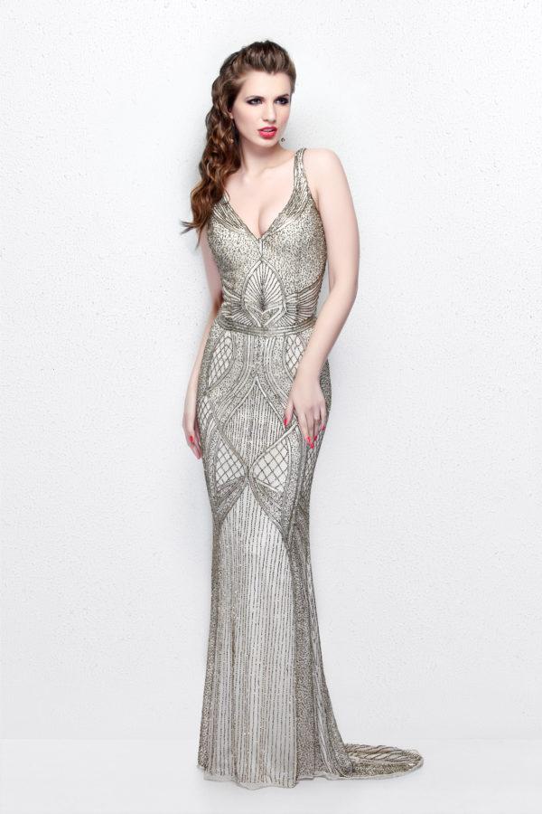 Primavera Couture - V-neck Beaded Long Dress 1723