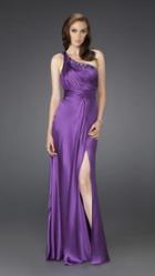 La Femme - Beaded One Shoulder Strap Pleated Asymmetric Neck A-line Gown 15158