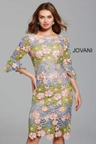 Jovani - 61211 Quarter-length Sleeved Floral Lace Short Dress