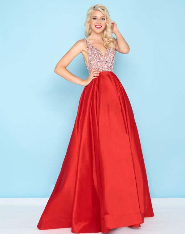 Mac Duggal - 77338h Bedazzled Deep V-neck Taffeta Ballgown