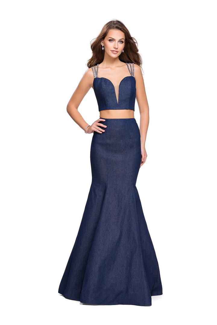 La Femme - 25754 Two Piece Beaded Sweetheart Denim Evening Gown