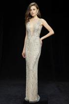 Angela And Alison - 981160 Deep V-neckline Beaded Sheath Gown