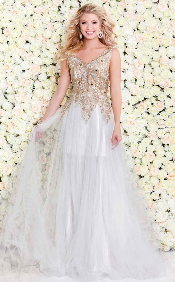 Shail K - Dazzling Embroidered V-neck Tulle A-line Dress 5028