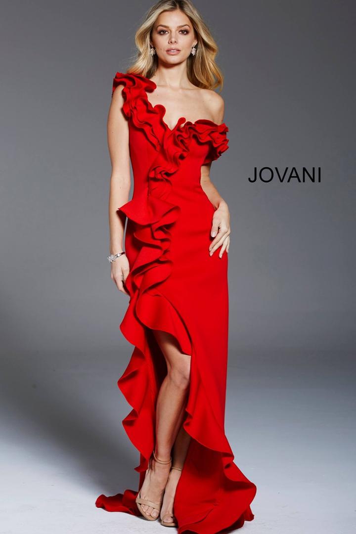 Jovani - 59828 Asymmetrical Surplice Bodice Ruffled Sheath Gown