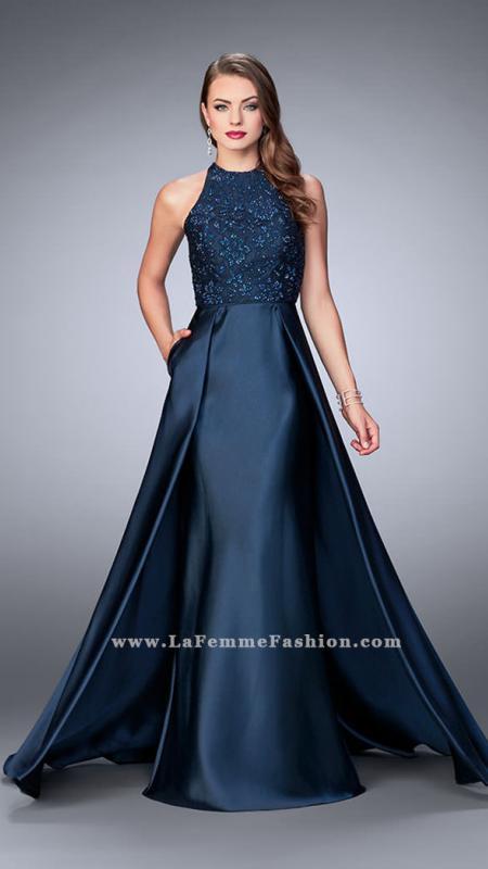 La Femme - High Halter Floral Lace Long Evening Gown With Skirt Overlay 24252