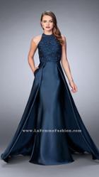 La Femme - High Halter Floral Lace Long Evening Gown With Skirt Overlay 24252