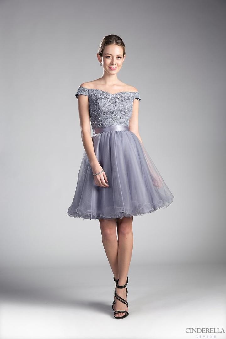 Cinderella Divine - Embellished Lace Off-shoulder A-line Dress