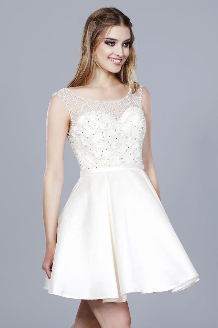Shail K - 33947 Beaded Illusion Scoop Satin A-line Dress