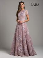 Lara Dresses - 33596 Floral Appliqued Short Sleeve Evening Gown
