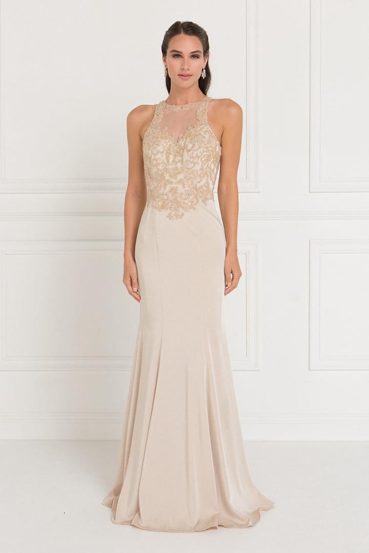 Elizabeth K - Gl1568 Bedazzled Illusion Halter Sheath Dress