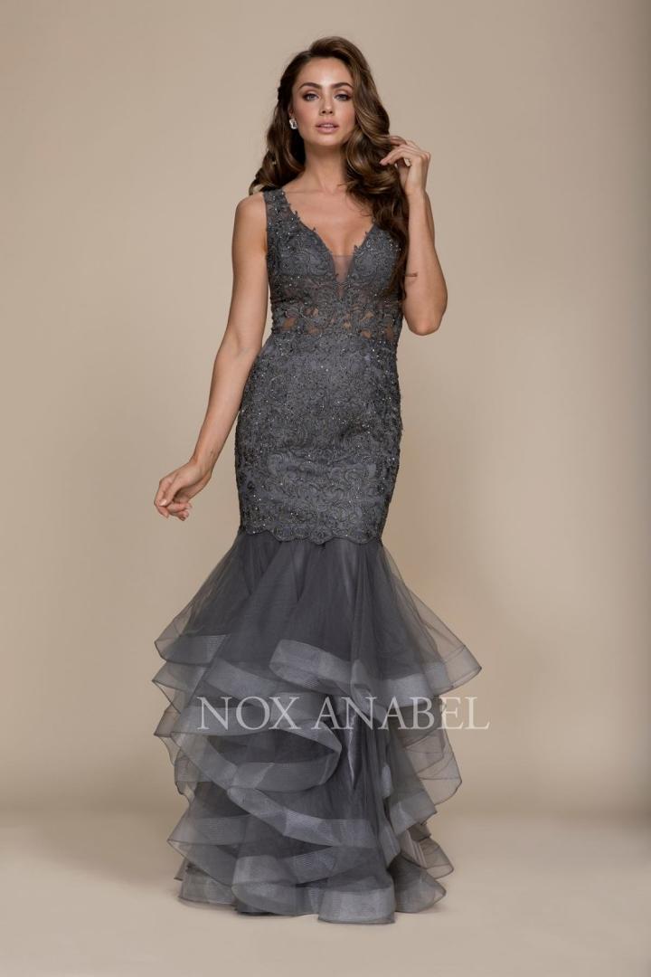 Nox Anabel - A059 Beaded Lace Deep V-neck Ruffled Mermaid Dress