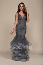Nox Anabel - A059 Beaded Lace Deep V-neck Ruffled Mermaid Dress