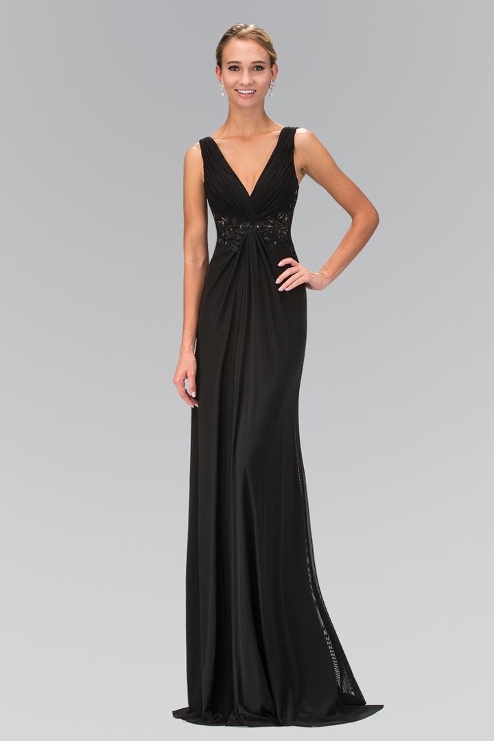 Elizabeth K - Embellished Ruched V-neck A-line Dress Gl1377