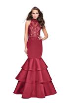 La Femme - 25707 Lace High Halter Mikado Tiered Mermaid Dress