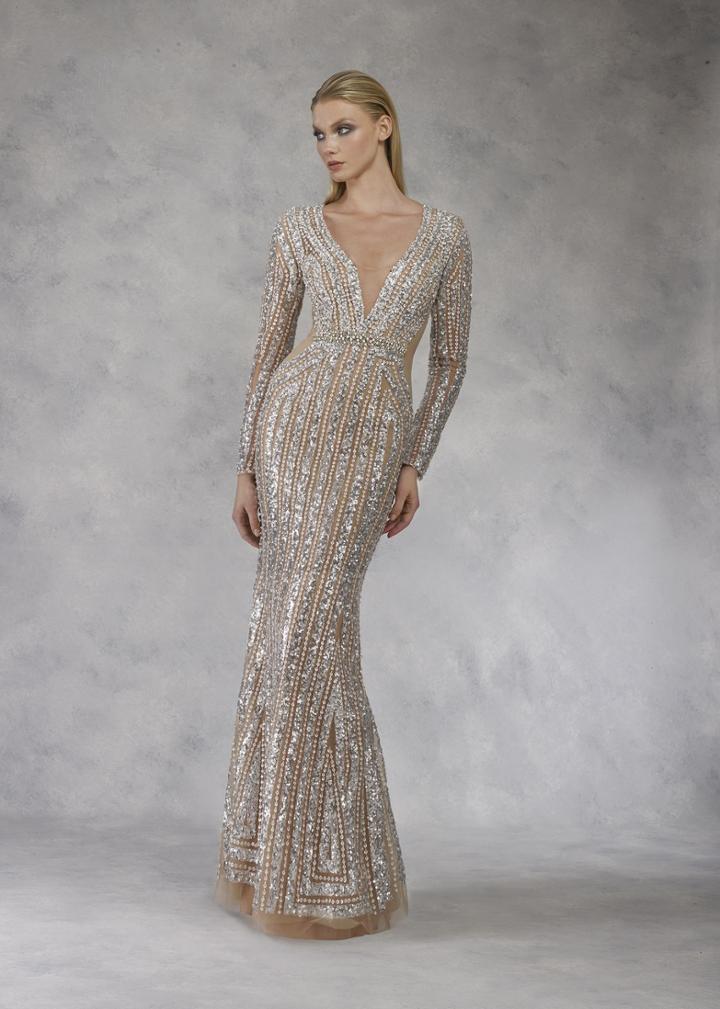 Janique - 17015 Bejewel Striped Long Sleeve Sheath Gown