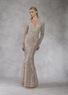 Janique - 17015 Bejewel Striped Long Sleeve Sheath Gown