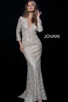 Jovani - 54818 Deep V-neck Lace Sheath Gown