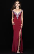 Madison James - 18-618 Cap Sleeve Jewel Accented Plunging V-neck Gown