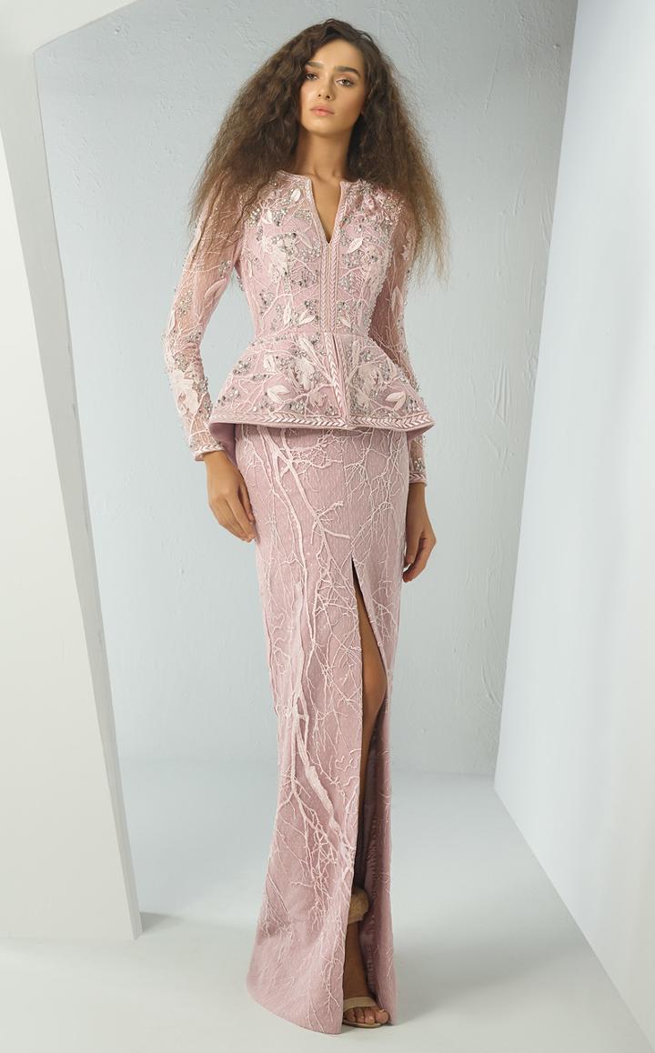 Mnm Couture - G0886 Long Sleeve Plunging V-neck Split Peplum Lace Gown