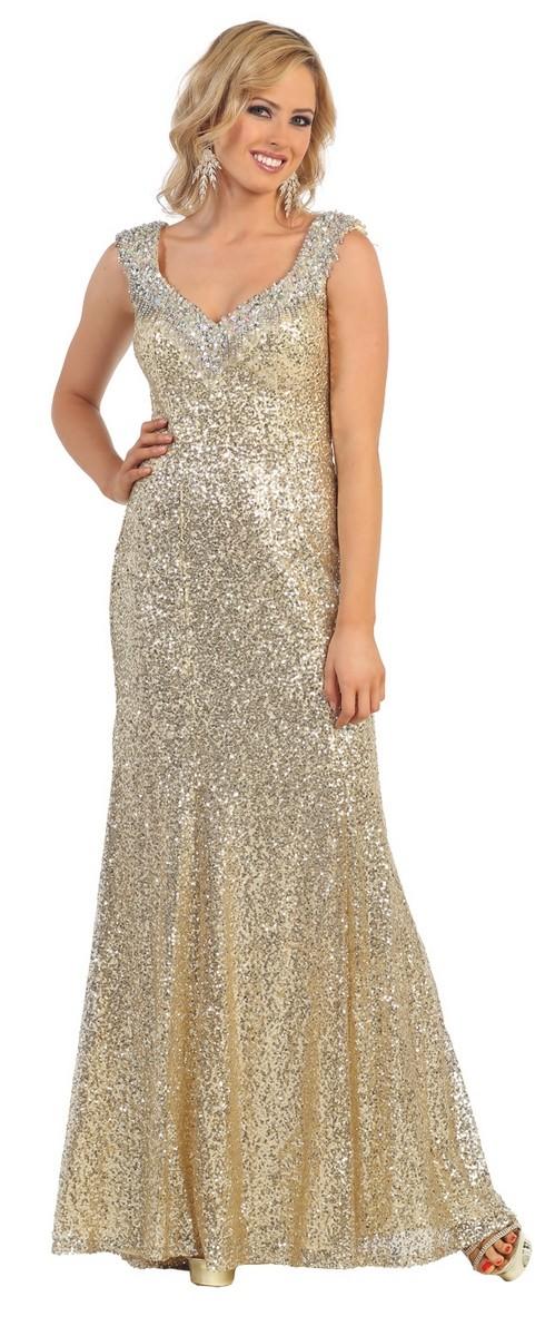 May Queen - Scintillating Sequined And Jeweled V-neck Long A-line Dress Rq7209