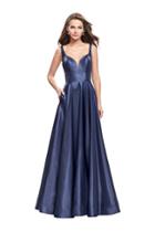 La Femme - 26015 Pleated Deep V-neck A-line Dress