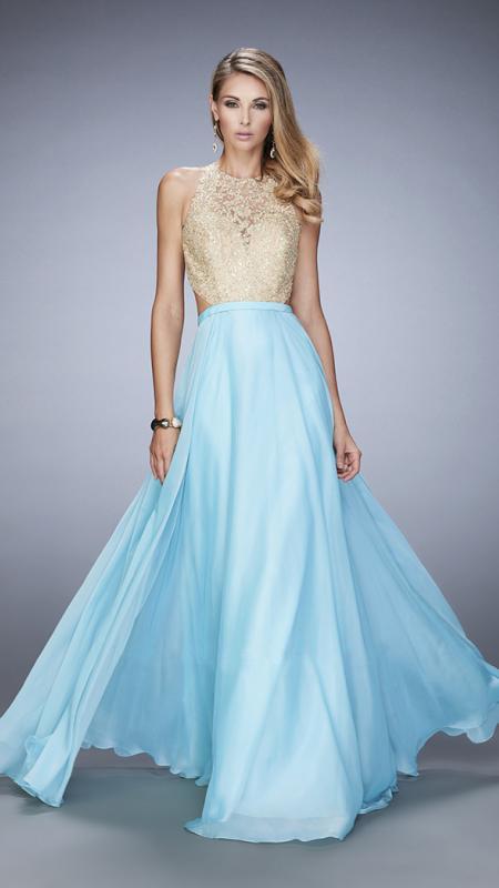 La Femme - 22372 Gold Lace Halter Chiffon Dress