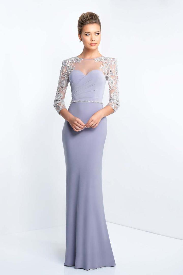 Blush - S2027 Beaded Sheer Jewel Neck Jersey Fitted Gown