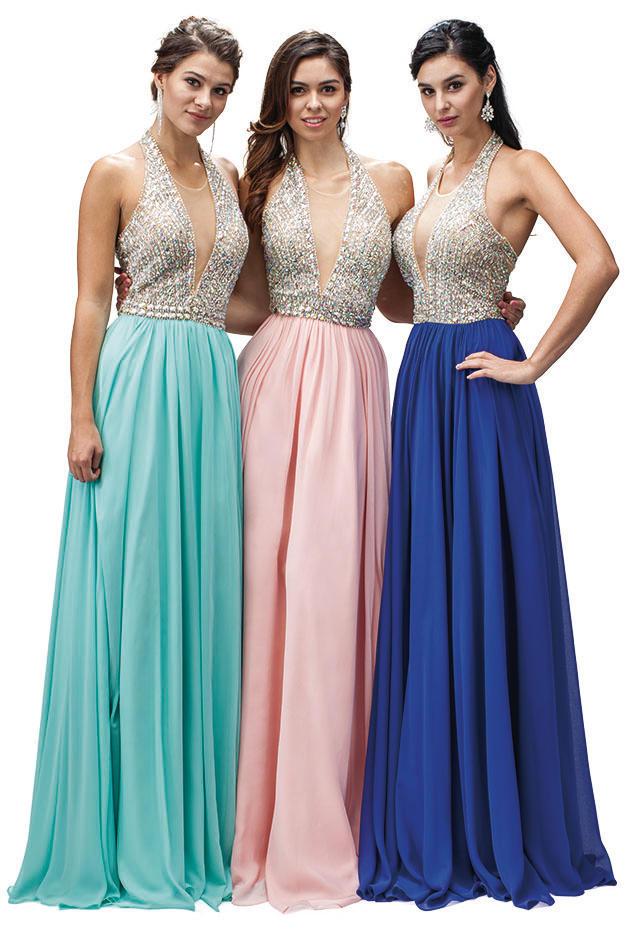 Daring Long Halter Dress With Jeweled Bodice