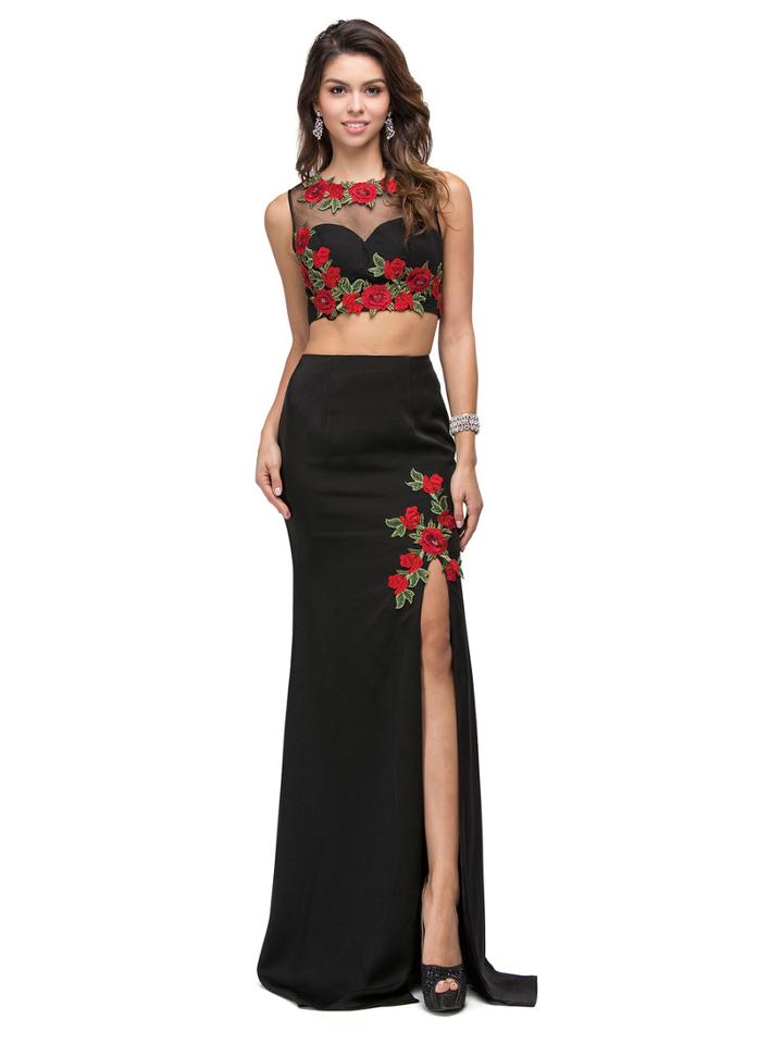 Dashing Floral Embroidered High Neck Two-piece Fit And Flare Jersey Dress