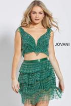 Jovani - 61708 Plunging V-neck Two-piece Fringe Short Dress