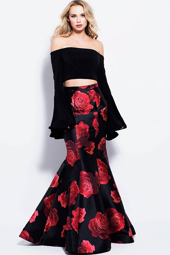 Jovani - 57906 Two Piece Long Bell Sleeve Floral Mermaid Dress