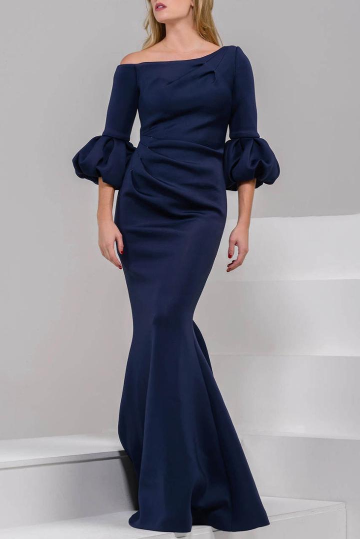 Jovani - 39739 Asymmetrical Pleat Detailed Trumpet Gown