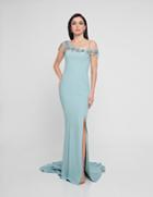 Terani Couture - 1813e6341 Beaded Asymmetric Neck Sheath Gown