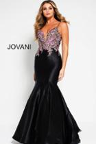 Jovani - 58401 Floral Embroidered Deep V-neck Satin Mermaid Dress