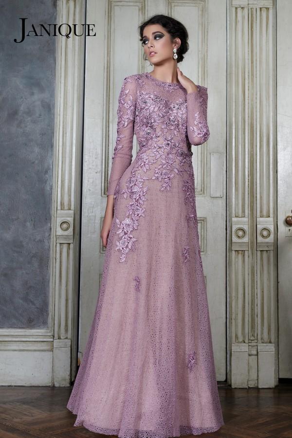 Janique - Long-sleeved Illusion Evening Gown With Lace Appliques W1695