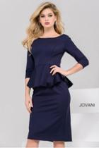 Jovani - Quarter Length Sleeve Bateau Neck Peplum Cocktail Dress 40216