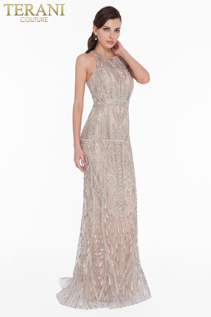 Terani Couture - 1822gl7508 Embroidered Illusion Halter Sheath Dress