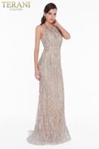 Terani Couture - 1822gl7508 Embroidered Illusion Halter Sheath Dress