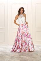 May Queen - Mq1525 Halter Floral Print Jacquard A-line Dress