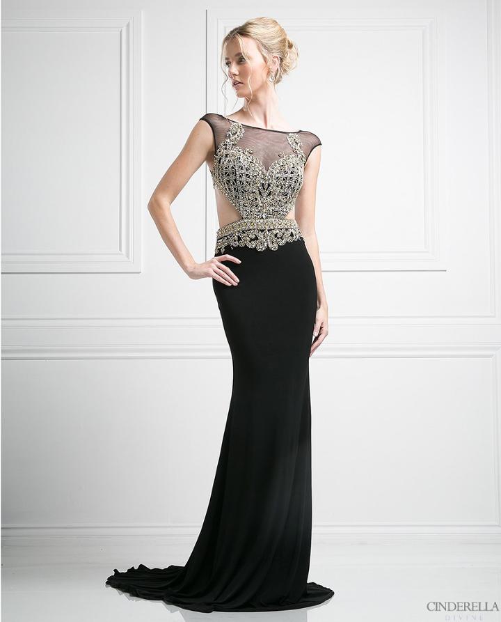 Cinderella Divine - Gold Embellished Illusion Bateau Sheath Dress
