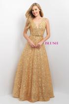 Blush - Sequined V-neck Long A-line Gown 11139