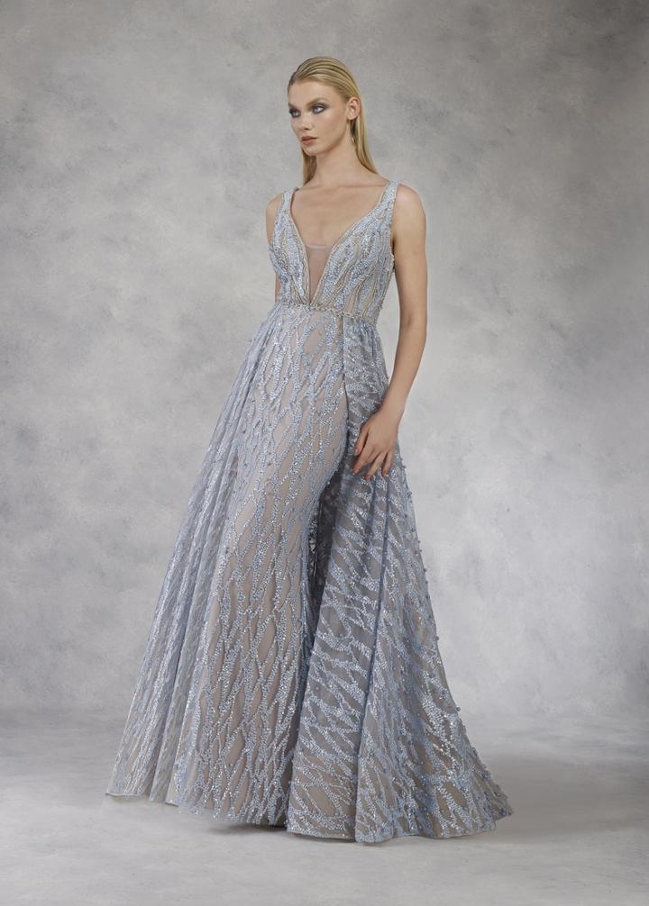 Janique - W2063 Embellished Plunging V-neck Gown With Overskirt