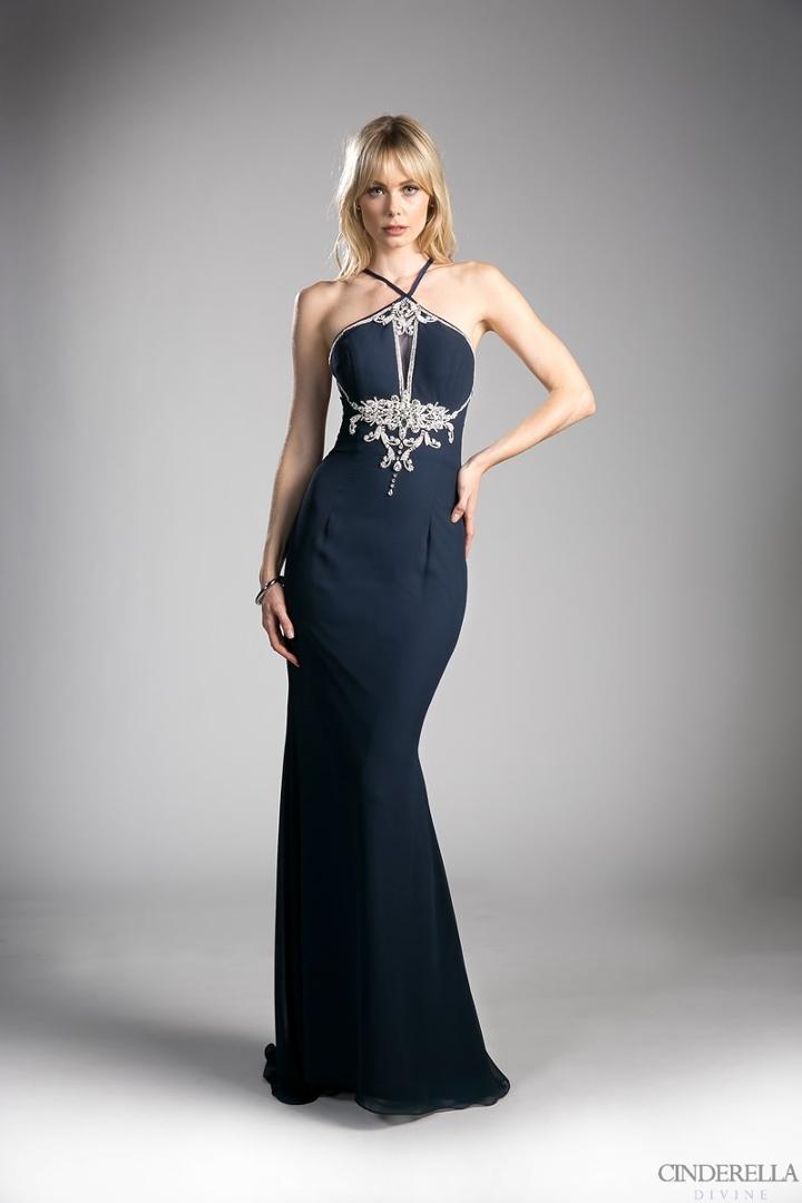 Cinderella Divine - Bedazzled Halter Neck Sheath Evening Dress