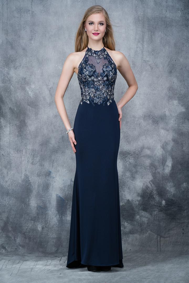 Nina Canacci - 2128 Embroidered Illusion Halter Sheath Dress