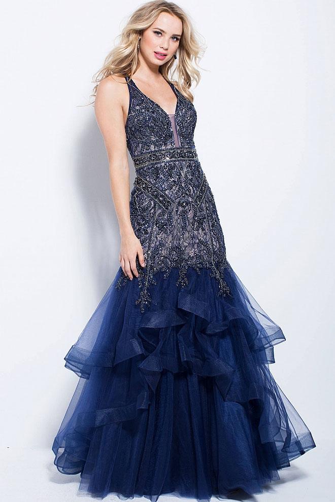 Jovani - 58018 Embellished Deep V-neck Mermaid Dress