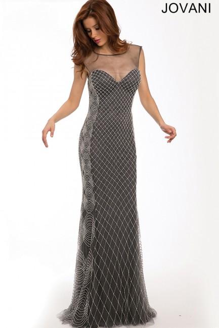 Jovani - Exposed Back Net Overlay Sheath Evening Dress 94495