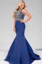 Jovani - Crystal And Bead Embellished High Neck Satin Mermaid Gown 49501