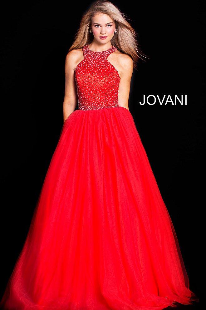 Jovani - 36506 Bead Embellished Halter Tulle Gown