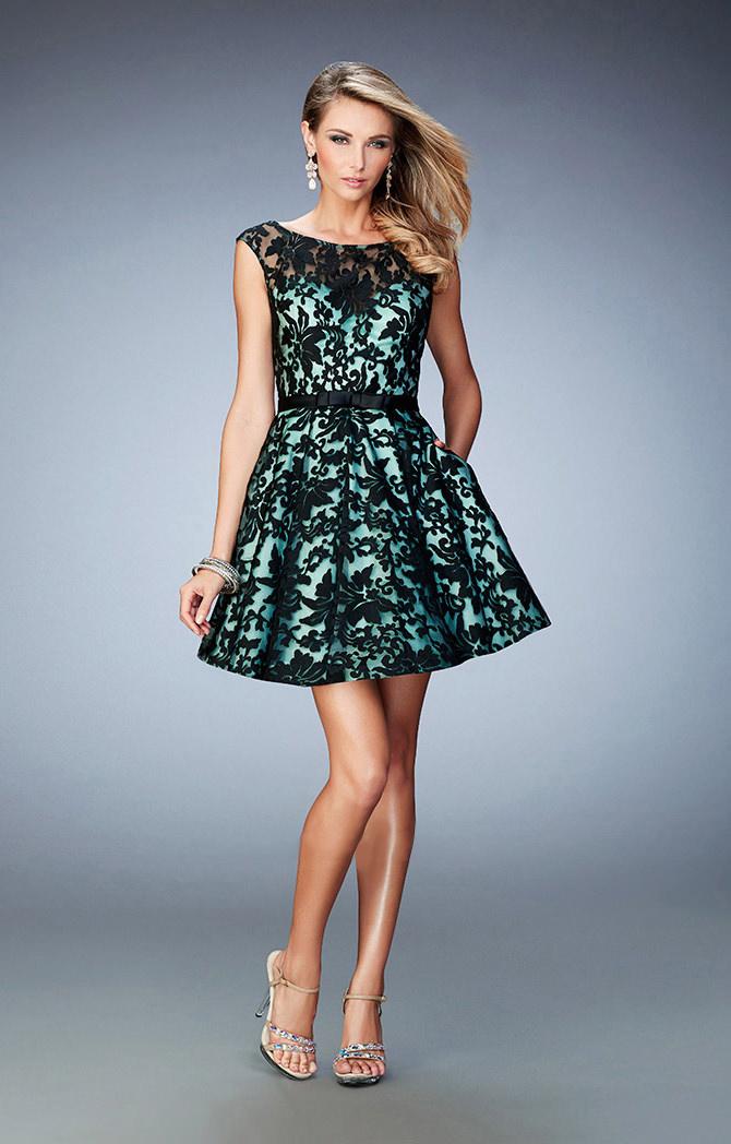 La Femme - 21876 Lace Sheer Bateau A-line Dress