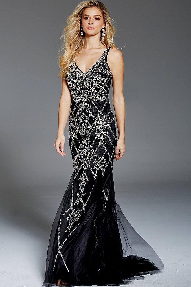 Jovani - 60666 Beaded Plunging V-neck Fitted Gown